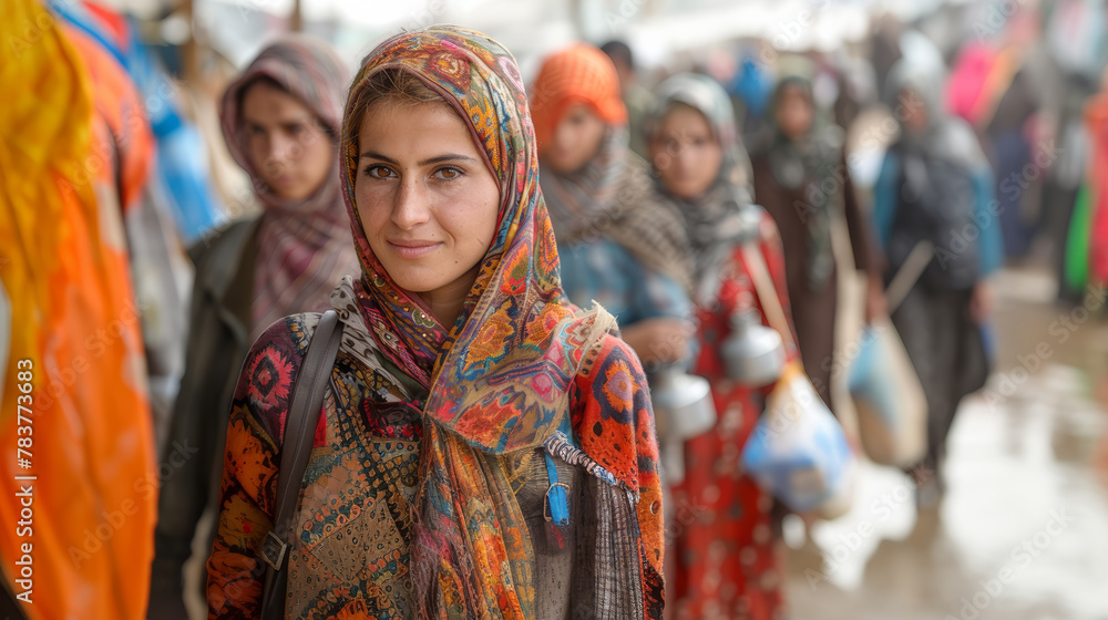 Woman with a colorful scarf stands out among a crowd at a bustling refugee camp market. Her expression is one of hope and resilience amidst the challenging conditions.
