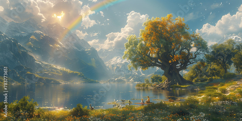 A vibrant rainbow arching over a shimmering lake in a painting banner photo