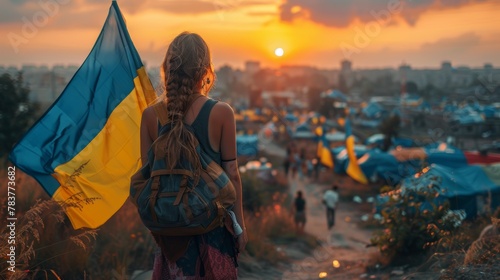 Woman with a backpack holds the Ukrainian flag, overlooking a city sunset, symbolizing hope and resilience amidst strife. photo