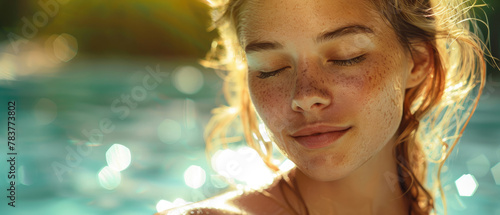 beautiful feminine young girl model happy and smiling face swimming at pool with natural golden soft light created with Generative AI Technology