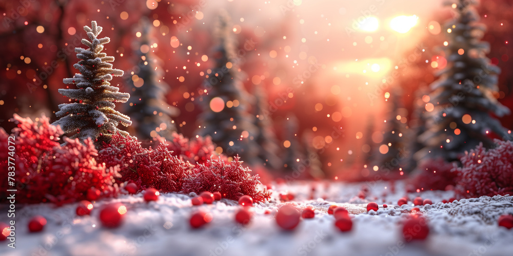 Winter landscape with snow-covered trees and hanging red decorations copy space banner