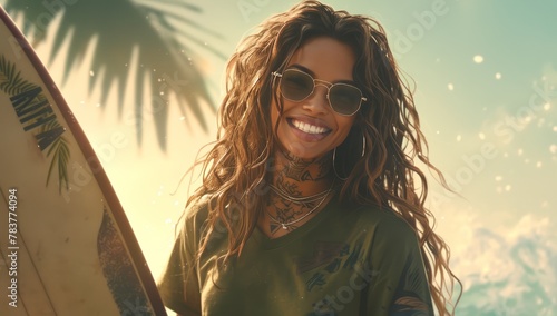 attractive mixedrace woman with long curly hair and sunglasses standing on the beach holding her surfboard, smiling at camera, colorful tattoos photo