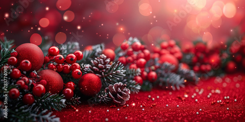 Collection of various Christmas decorations arranged on a red surface copy space banner