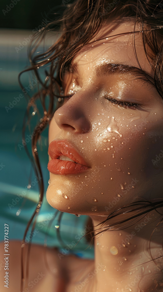 beautiful feminine young girl model happy and smiling face swimming at pool with natural golden soft light created with Generative AI Technology