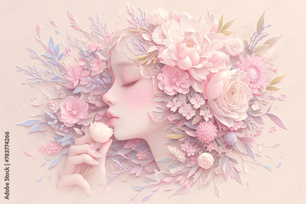 Beautiful paper art, pink and purple tones, floral frame with woman's face in profile, pink hair made of flowers