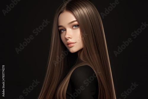beautiful woman with long straight hair  perfect shiny and smooth hair isolated on dark background. Beauty portrait of girl with brown hair in sleek style. 