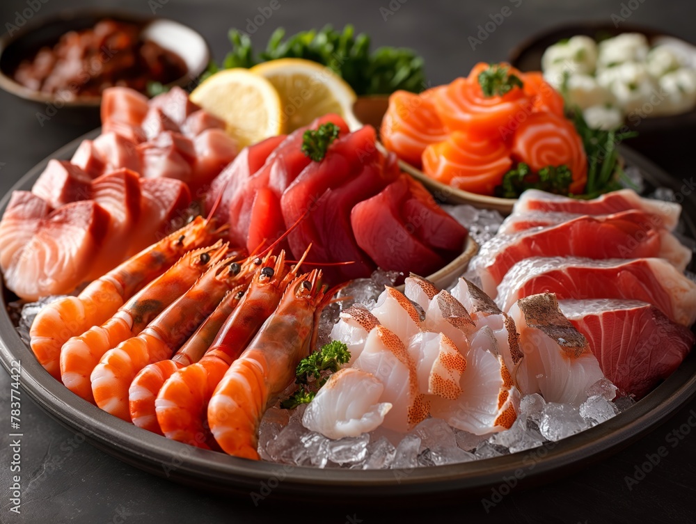A plate of assorted seafood, including shrimp, salmon, and scallops, is sitting on a table A plate of assorted seafood, including shrimp, salmon, and scallops, is sitting on a table