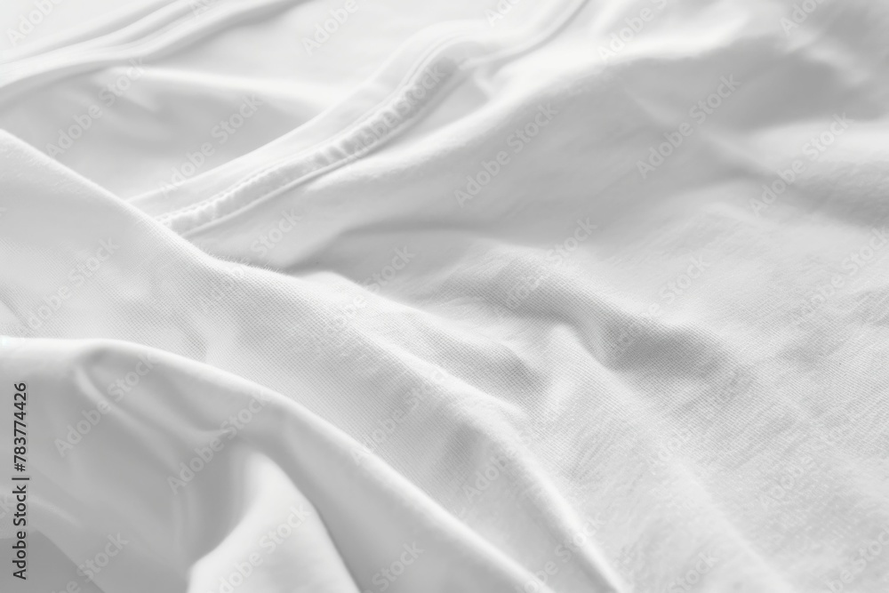 Closeup of white tshirt on top of white sheet in minimalist style with copy space Closeup of white tshirt on top of white sheet in minimalist style with copy space