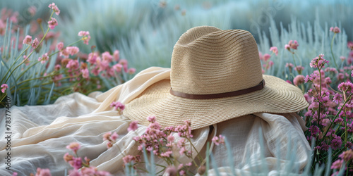 A hat casually placed on a cozy blanket amidst vibrant flowers in a sunny field