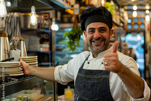 Male chef gesturing thumbs up next to a stove in a shop photo