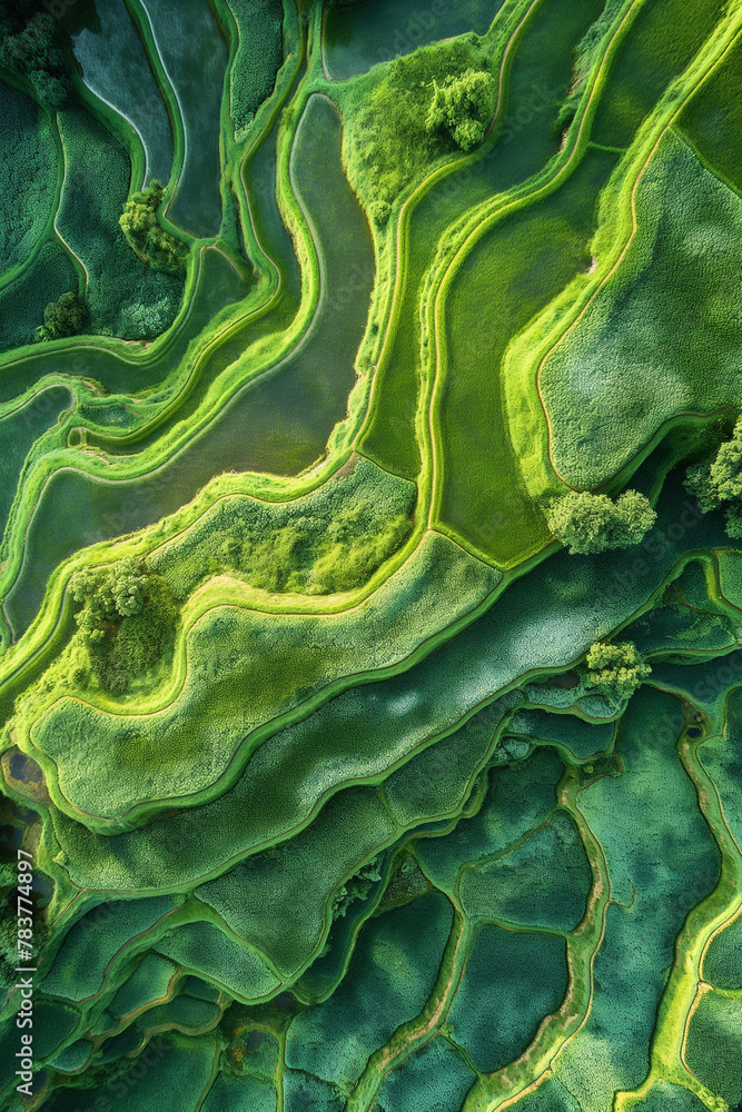 Indonesian Rice Terraces: Aerial View of Lush Agricultural Landscape Indonesian Rice Terraces: Aerial View of Lush Agricultural Landscape