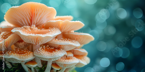 Multiple mushrooms growing in a cluster on a green plant copy space photo