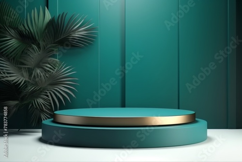 Wallpaper Mural Elegant teal podium surrounded by lush tropical foliage against a serene aquamarine backdrop, perfect for high-end product displays Torontodigital.ca