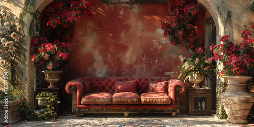 A red couch positioned in front of a matching red wall photo