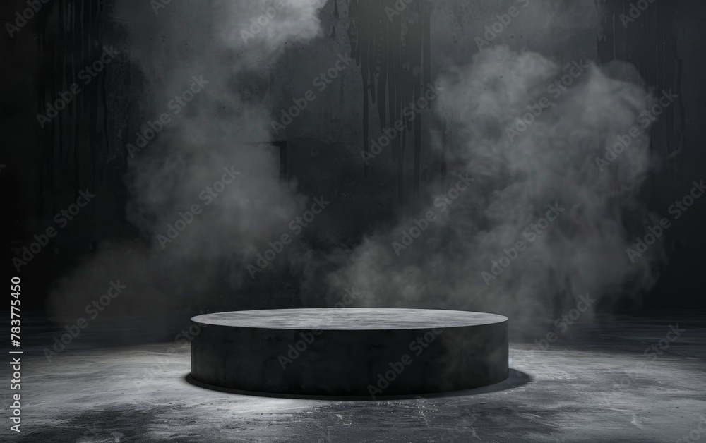 Gray textured concrete platform podium or table with smoke in the dark