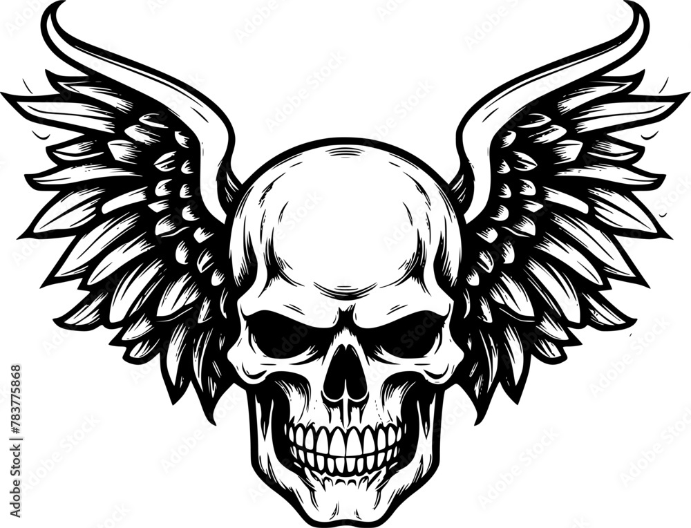 Fototapeta premium Skull With Wings | Black and White Vector illustration