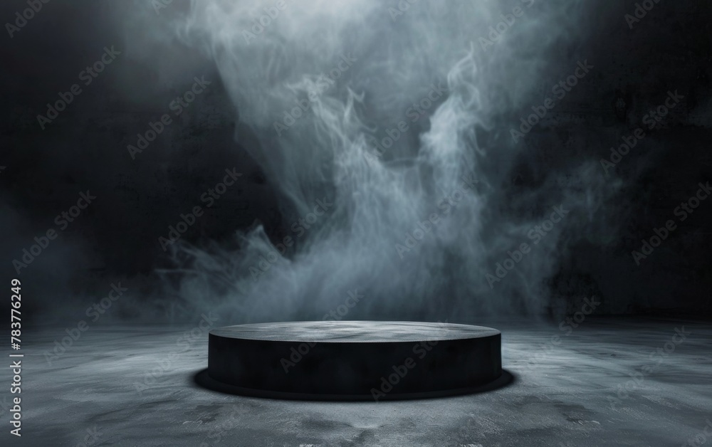 Gray textured concrete platform podium or table with smoke in the dark Gray textured concrete platform podium or table with smoke in the dark