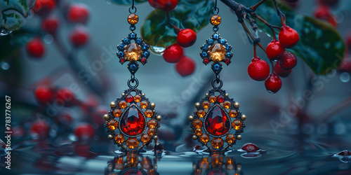 Pair of red and yellow earrings dangling from a tree branch banner