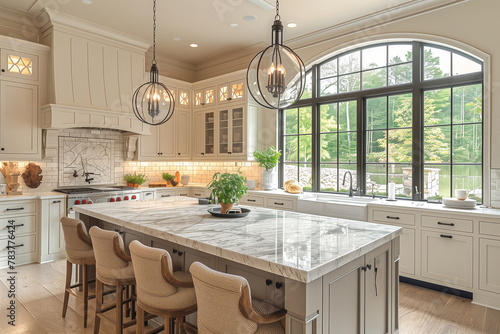 A spacious kitchen with a marble island and serene outdoor view mockup