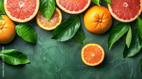 Fresh Citrus Fruits with Leaves on a Green Textured Background photo