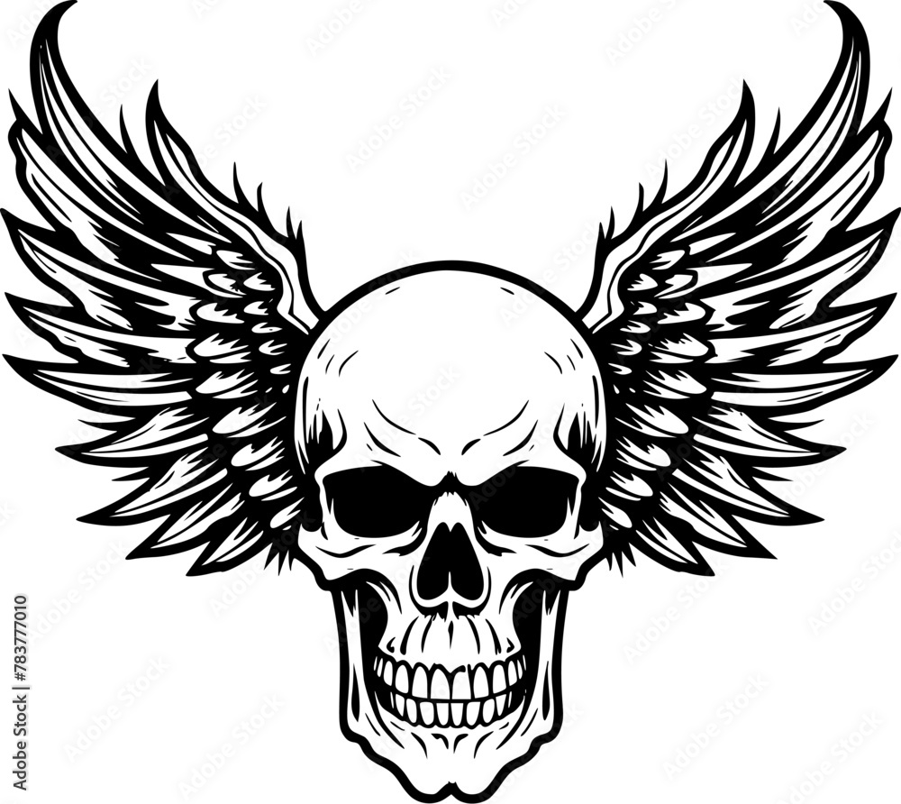 Fototapeta premium Skull With Wings - Black and White Isolated Icon - Vector illustration