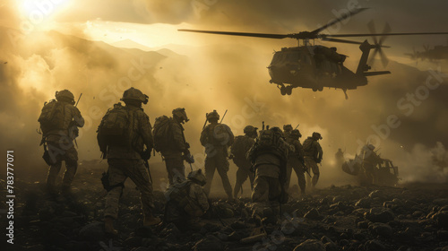 Dramatic image of armed soldiers in a battle environment with a helicopter landing in a cloud of dust