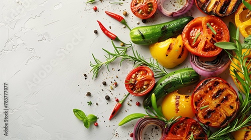Grilled Vegetables with Fresh Herbs on White Background