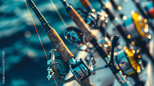 A group of fishing rods are lined up on a boat. The rods are of different sizes and colors, and they are all in the water. Concept of excitement and anticipation for a day of fishing photo