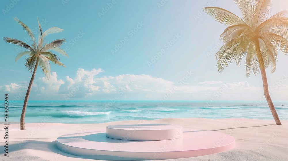 Fototapeta premium Abstract tropical beach background with round podium for product presentation, summer scene with ocean and palm trees, mockup design template