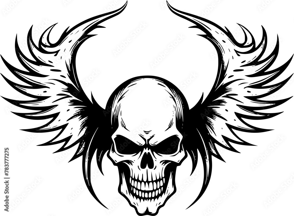 Fototapeta premium Skull With Wings - Black and White Isolated Icon - Vector illustration