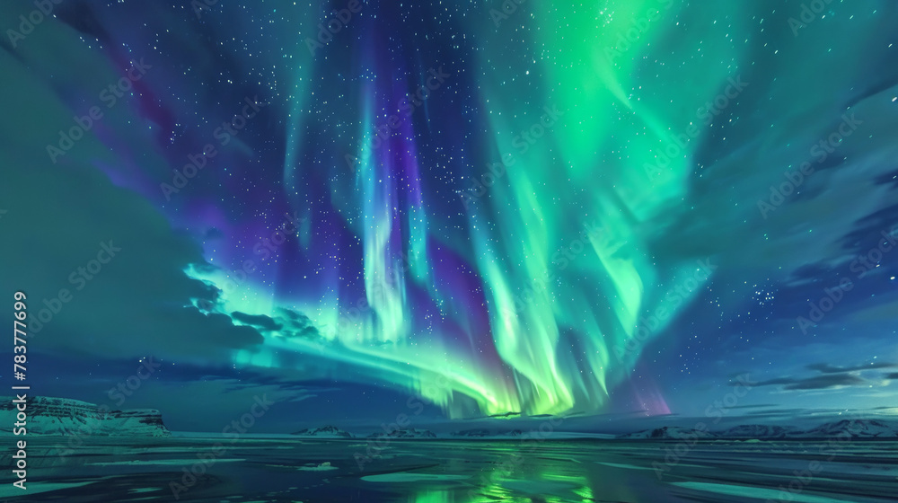 Majestic northern lights display, with vibrant shades of green and purple over a serene snowy landscape