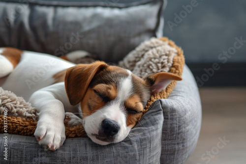 Cute puppy sleeping on soft gray dog bed in the living room at home © Nii_Anna
