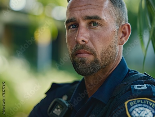 A man with a beard and a blue shirt with the letters Bepi on it. He is wearing a black jacket and a black hat photo