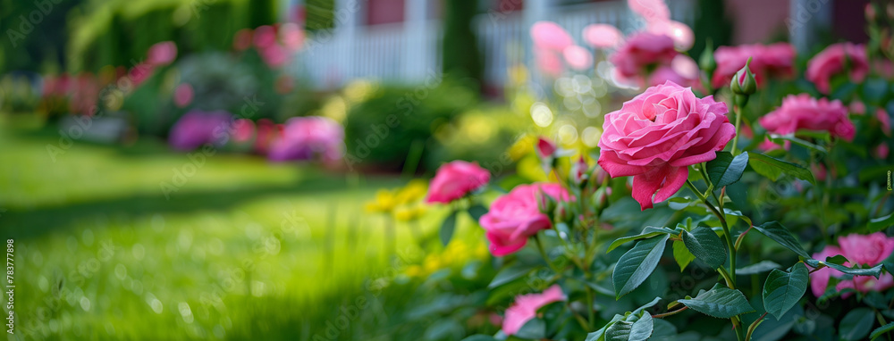 Beautiful pink rose bushes in the front yard of an elegant house, green grass lawn with colorful flower beds