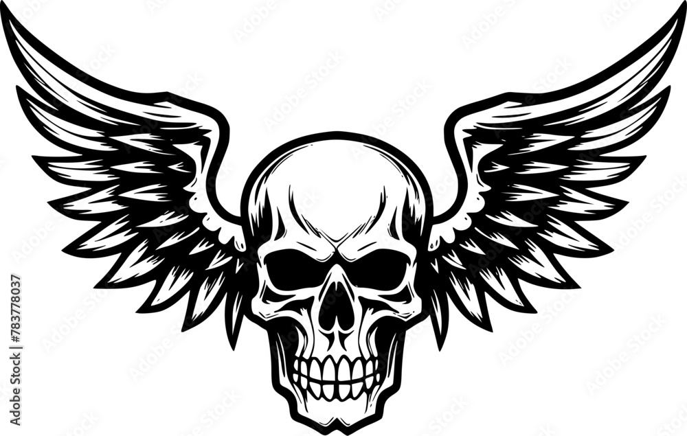 Fototapeta premium Skull With Wings | Black and White Vector illustration
