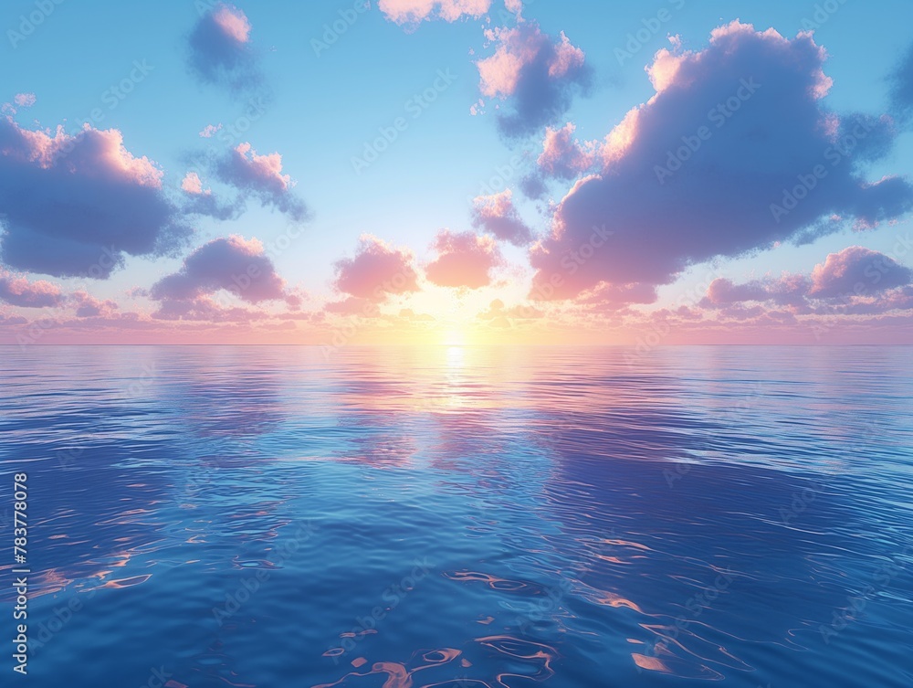 The sky is blue with a few clouds and the sun is setting. The water is calm and the sky is a beautiful shade of pink