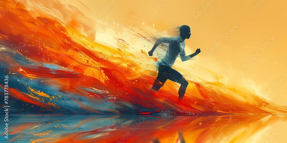 A painting depicting a man in motion running across a body of water banner copy space