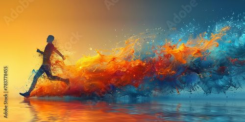 A man running energetically across a body of water banner copy space