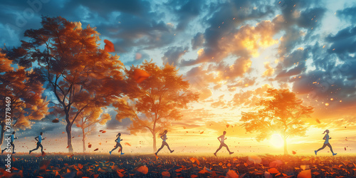 A group of individuals are running across a field in this dynamic scene banner copy space photo