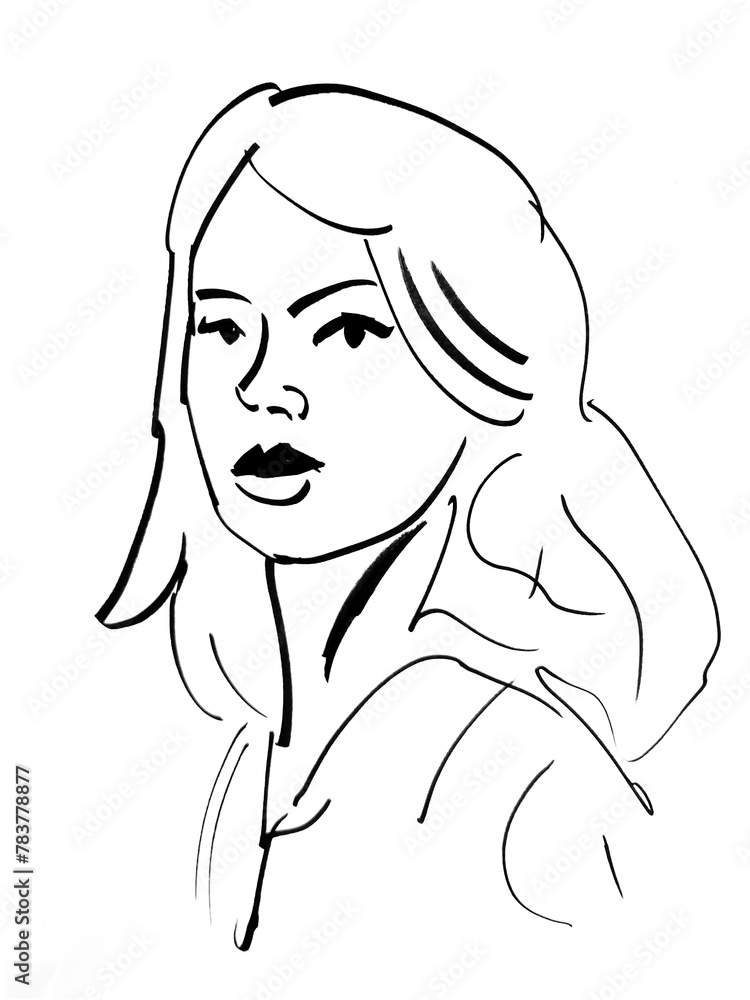 A simple line drawing of a young woman with shoulder-length hair, hand-drawn illustration. A simple line drawing of a young woman with shoulder-length hair, hand-drawn illustration.