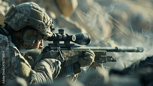 A military sniper in full gear lies in wait, camouflaged and aiming down his scope, focused on a target