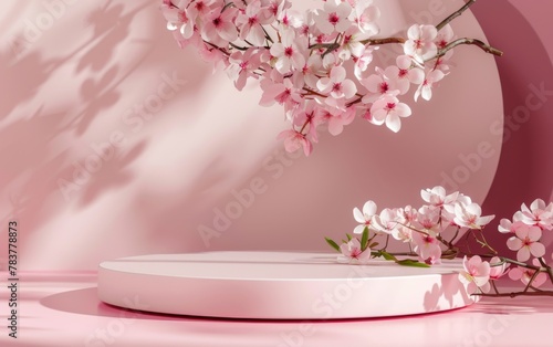 minimal abstract background, podium display with pink cherry bossom background for product presentation. 3d rendering © MUS_GRAPHIC