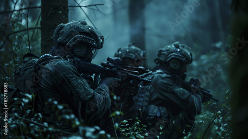 An elite special forces team moves covertly through a dense forest, equipped and ready for a covert operation