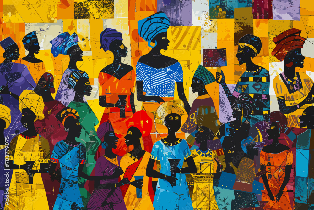 Fototapeta premium Vibrant African community depicted in abstract art