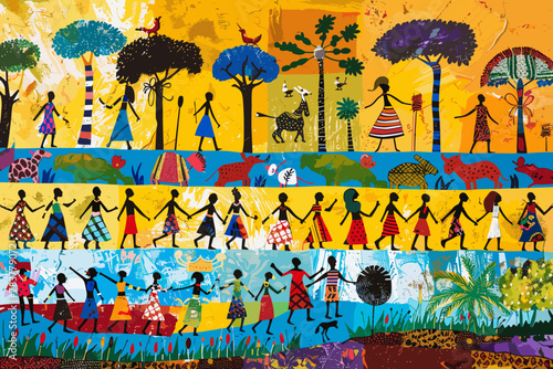 Colorful African scene with figures and animals