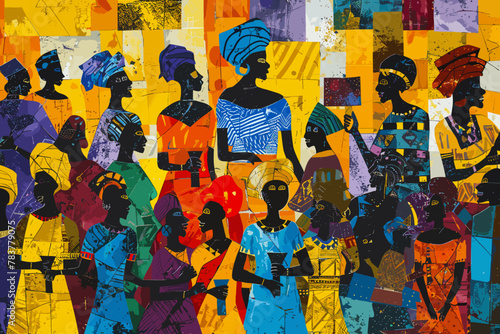 Vibrant African community depicted in abstract art