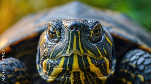 Close-up of a yellow-striped turtle in natural habitat © PROKOPYCH