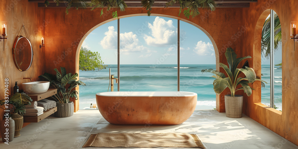 Obraz premium A spacious bathroom featuring a large window and a luxurious bathtub banner copy space mockup