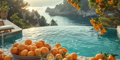 Bowl of oranges placed on table next to pool banner copy space