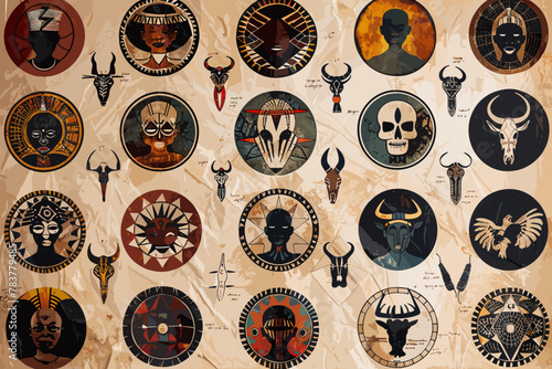 Assorted set of African tribal symbols and icons photo